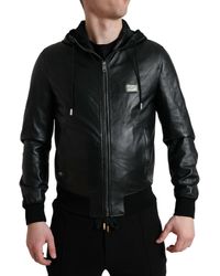 Dolce & Gabbana - Black Leather Hooded Full Zip Logo Jacket - Lyst
