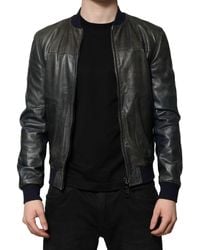 Dolce & Gabbana - Black Lambskin Leather Biker Full Zip Jacket - Lyst