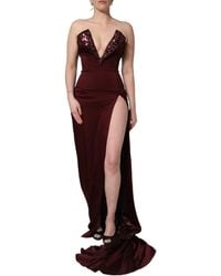 Dolce & Gabbana - Maroon Embellished Vneck Evening Gown Dress - Lyst