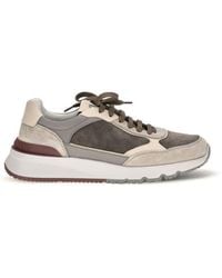 Brunello Cucinelli - Gray Calf Leather Bos Taurus Athletic Sneakers - Lyst