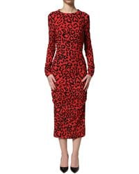 Dolce & Gabbana - Red Leopard Print Long Sleeves Midi Dress - Lyst