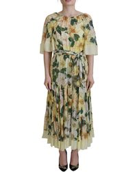 Dolce & Gabbana - Yellow Floral Print Pleated Maxi Silk Dress - Lyst