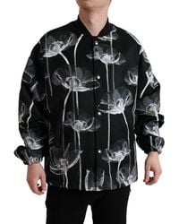 Dolce & Gabbana - Black Floral Print Wool Button Down Bomber Jacket - Lyst