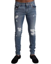 Dolce & Gabbana - Light Blue Tattered Cotton Denim Skinny Jeans - Lyst