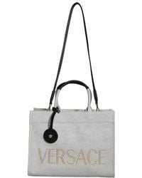 Versace - White Top Handle Canvas Leather Logo Crossbody Tote Bag - Lyst