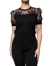Dolce & Gabbana - Black Floral Lace Short Sleeves Blouse Top - Lyst