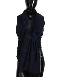Gianfranco Ferré - Dark Blue Wool Neck Wrap Shawl Fringes Scarf - Lyst