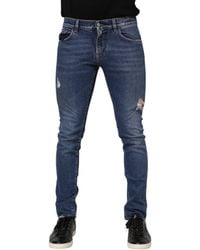 Dolce & Gabbana - Blue Cotton Logo Plaque Skinny Men Denim Jeans - Lyst