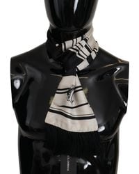 Dolce & Gabbana - Black White Silk Striped Print Logo Fringe Scarf - Lyst