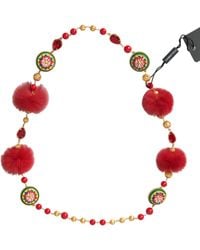 Dolce & Gabbana - Gold Brass Red Fur Crystal Carretto Chain Necklace - Lyst