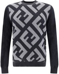 Fendi - Grey Wool Logo Details Sweater - Lyst