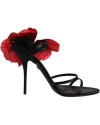 Dolce & Gabbana - Black Leather Strappy Flower Heels Sandals Shoes - Lyst