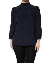 Dolce & Gabbana - Blue Silk Mock Neck Long Sleeves Blouse Top - Lyst