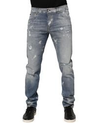 Dolce & Gabbana - Blue Cotton Tattered Slim Fit Men Denim Jeans - Lyst