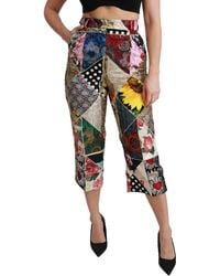 Dolce & Gabbana - Silk Multicolour Print High Waist Cropped Pants - Lyst