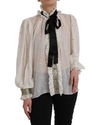 Dolce & Gabbana - Off White Silk Blend Ascot Collar Blouse Top - Lyst