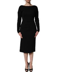 Dolce & Gabbana - Black Wool Crepe Long Sleeves Midi Dress - Lyst