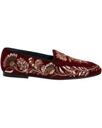 Dolce & Gabbana - Red Velvet Floral Embroidery Loafers Shoes - Lyst