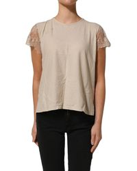 Pink Memories - Beige Cotton Lace Detailing Round Neck Top - Lyst