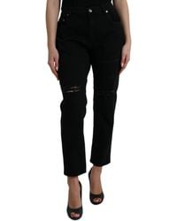 Dolce & Gabbana - Black Cotton High Waist Tattered Denim Jeans - Lyst