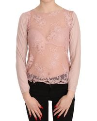 Pink Memories - Pink Lace See Through Long Sleeve Top Blouse - Lyst