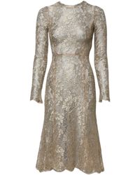 Dolce & Gabbana - Gold Floral Lace Long Sleeves Fit & Flare Dress - Lyst