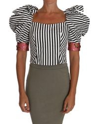 Dolce & Gabbana - Dolce Gabbana White Black Striped Cropped Top Puff Sleeve Shirts - Lyst
