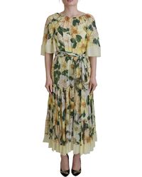 Dolce & Gabbana - Yellow Floral Print Pleated Maxi Silk Dress - Lyst