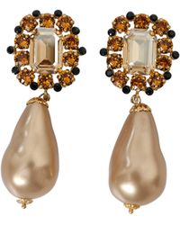 Dolce & Gabbana - Brass Crystal Faux Pearl Clip On Dangling Earrings - Lyst