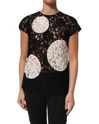 Dolce & Gabbana - Black White Floral Lace Short Sleeve Blouse Top - Lyst