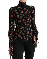 Dolce & Gabbana - Black Rose Print Turtle Neck Blouse Top - Lyst