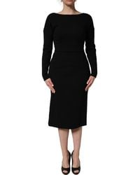 Dolce & Gabbana - Black Wool Crepe Long Sleeves Midi Dress - Lyst