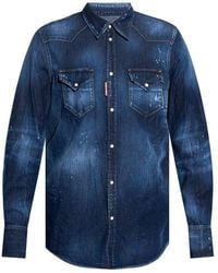 DSquared² - Distressed Denim Shirt With Classic Collar - Lyst