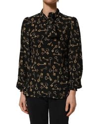 Dolce & Gabbana - Keys Print Silk Tie Neck Blouse Top - Lyst