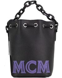 MCM - Mini Black Purple Smooth Leather Chain Shoulder Drawstring Bucket Handbag - Lyst