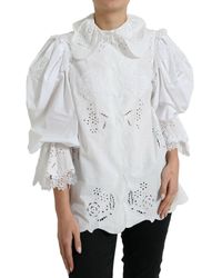 Dolce & Gabbana - White Cotton Lace Trim Collared Blouse Top - Lyst