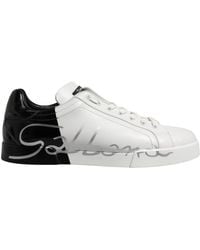 Dolce & Gabbana - White Black Logo Low Top Leather Sneakers Shoes - Lyst