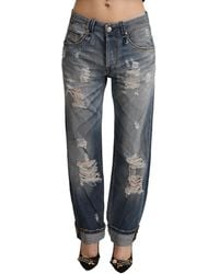 Acht - Blue Tattered Mid Waist Straight Denim Cotton Jeans - Lyst