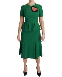 Dolce & Gabbana - Dolce Gabbana Green Heart Patch Mermaid Midi Viscose Dress - Lyst