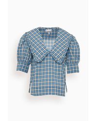 Ganni Cotton Seersucker Ribbon Blouse In in Blue | Lyst