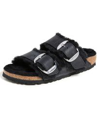 Birkenstock - Arizona Big Buckle Shearling Oiled Leather Black Sandals 5 Uk - Lyst