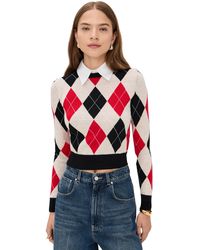 Alice + Olivia - Carolann Argyle Pullover With Woven Collar - Lyst