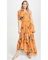 FARM Rio Yellow Hearts One Shoulder Dress - Orange