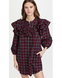 Something Navy Plaid Ruffle Button Up Dress - Red