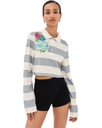 Area - Embroidered Flower Rugby Stripe Long Sleeve Cropped Polo - Lyst