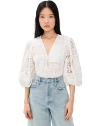 FARM Rio - Rosy Eyelet Puffy Sleeve Thong Bodysuit - Lyst