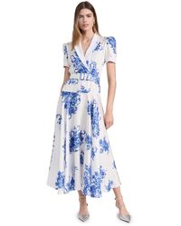 Rodarte - White And Floral Printed Silk Twill Collared Dress With Belt Detail - Lyst