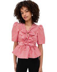 Ganni - Crinkled Taffeta Check Tie Strap Blouse - Lyst