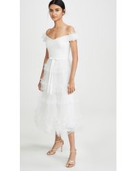 Marchesa notte Off Shoulder 3d Floral Stripe Tulle Tea Length Gown - White