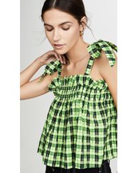 Ganni Seersucker Check Top - Green